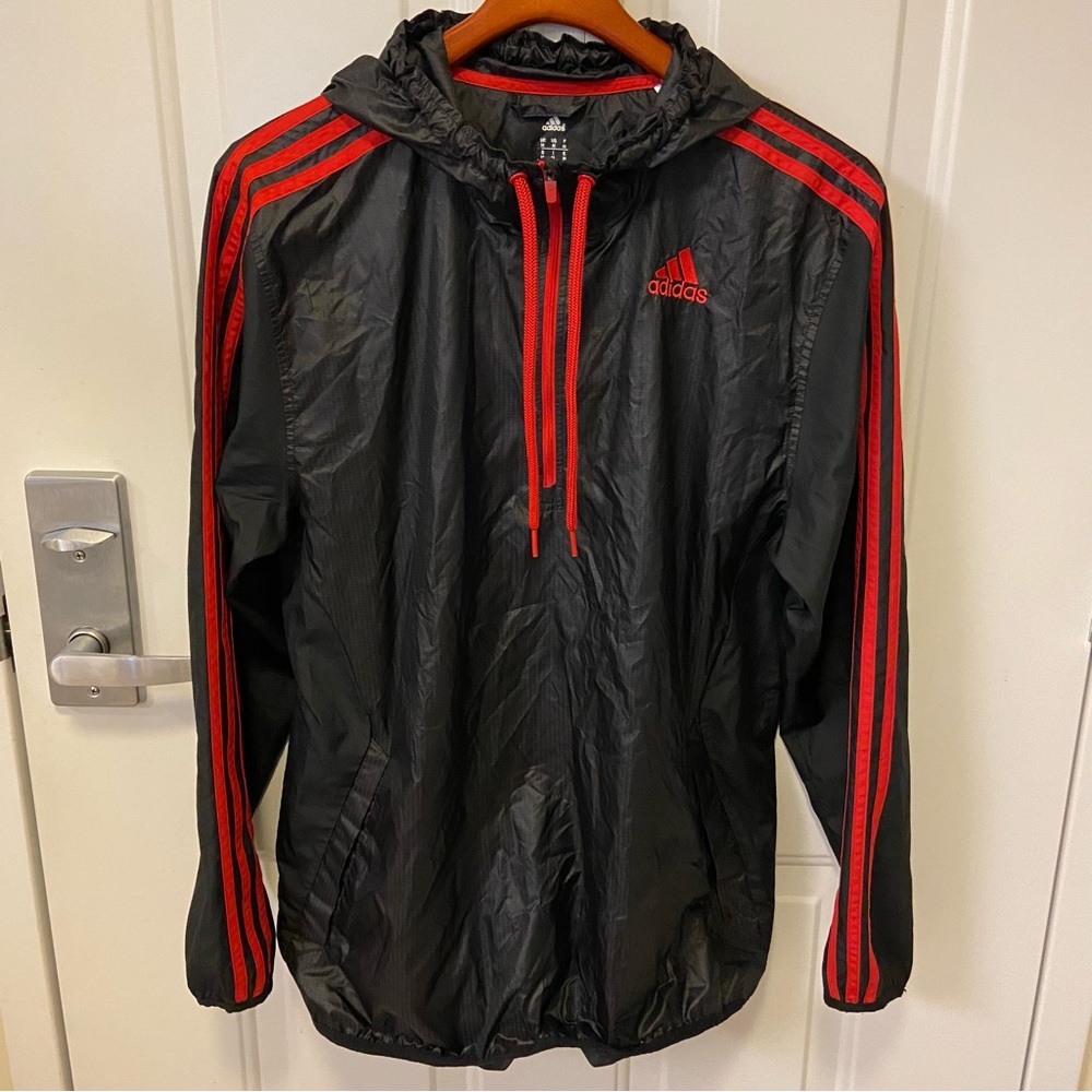Adidas Men's Windbreaker in Black with Red Stripes